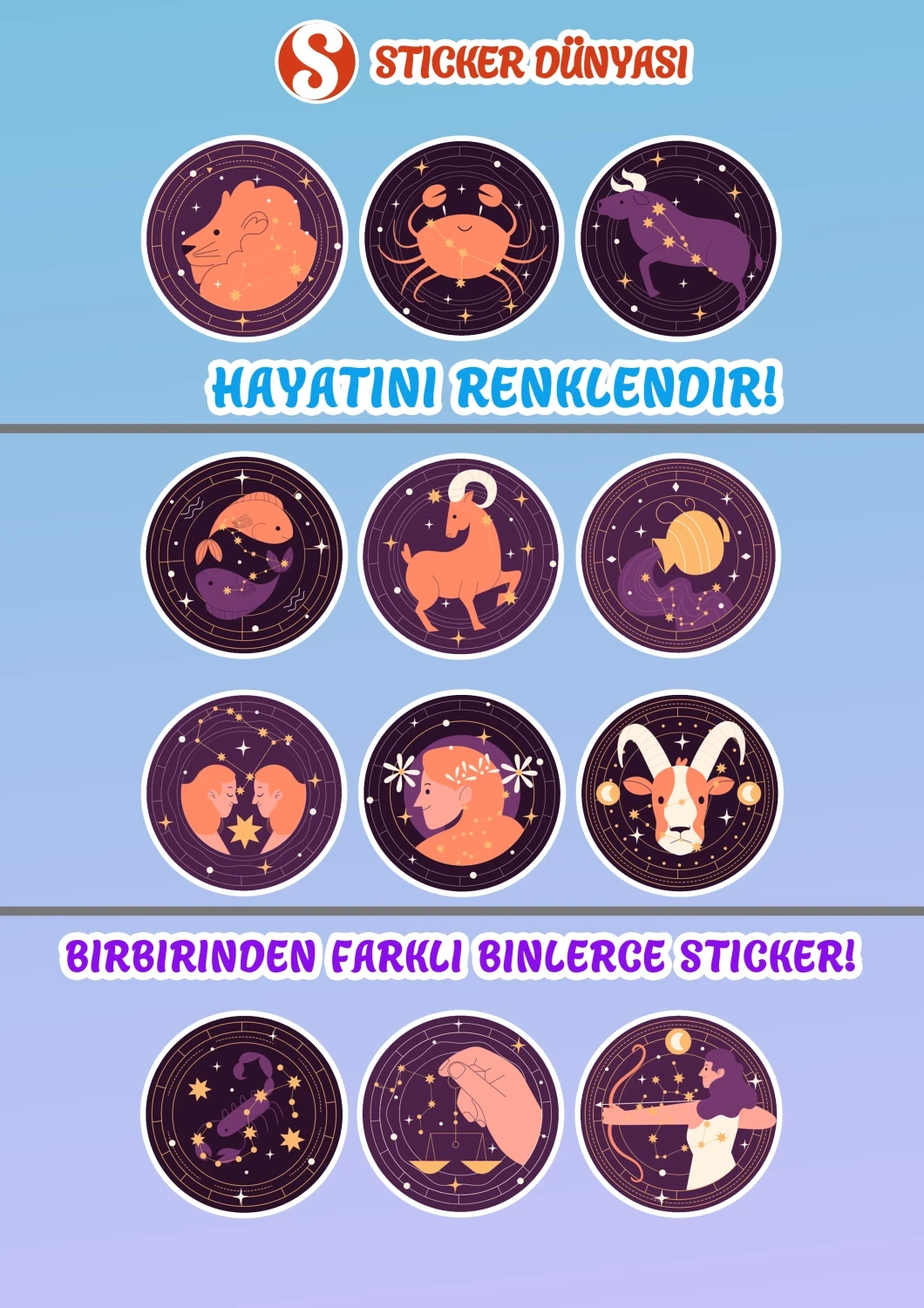 Astroloji ve Burç Desenli Yaratıcı Sticker Koleksiyonu (Burçlar1) görsel 2