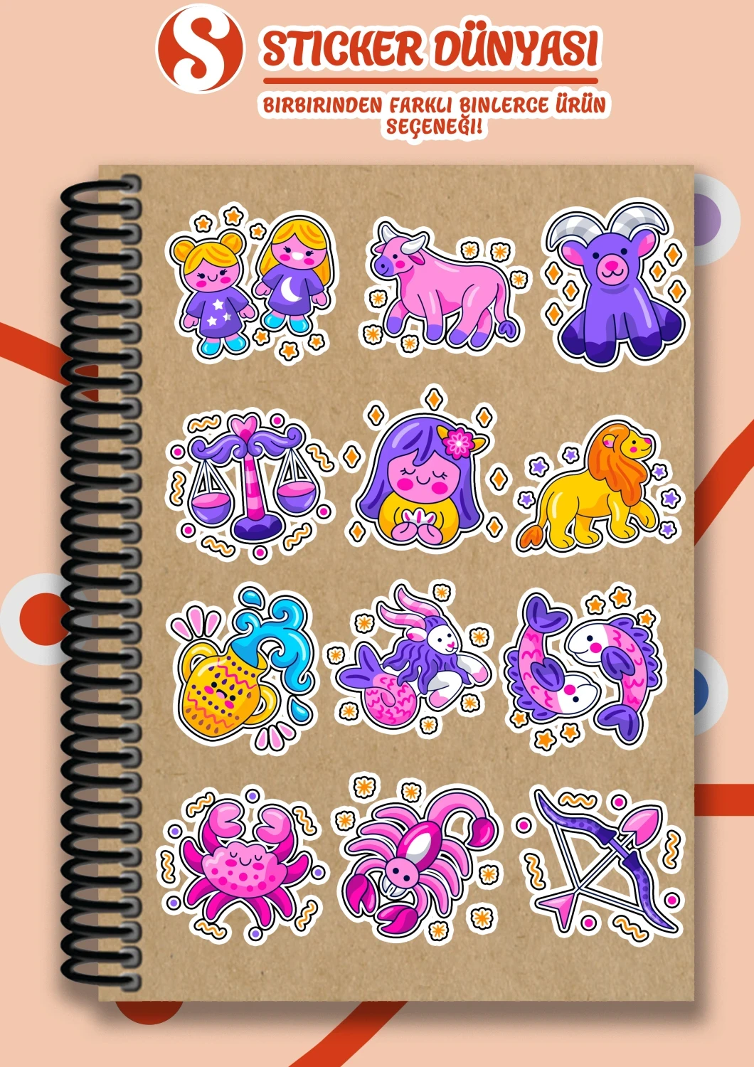 Burç ve Astroloji İçerikli Özel Çizim Sticker Koleksiyonu (Astroloji2)