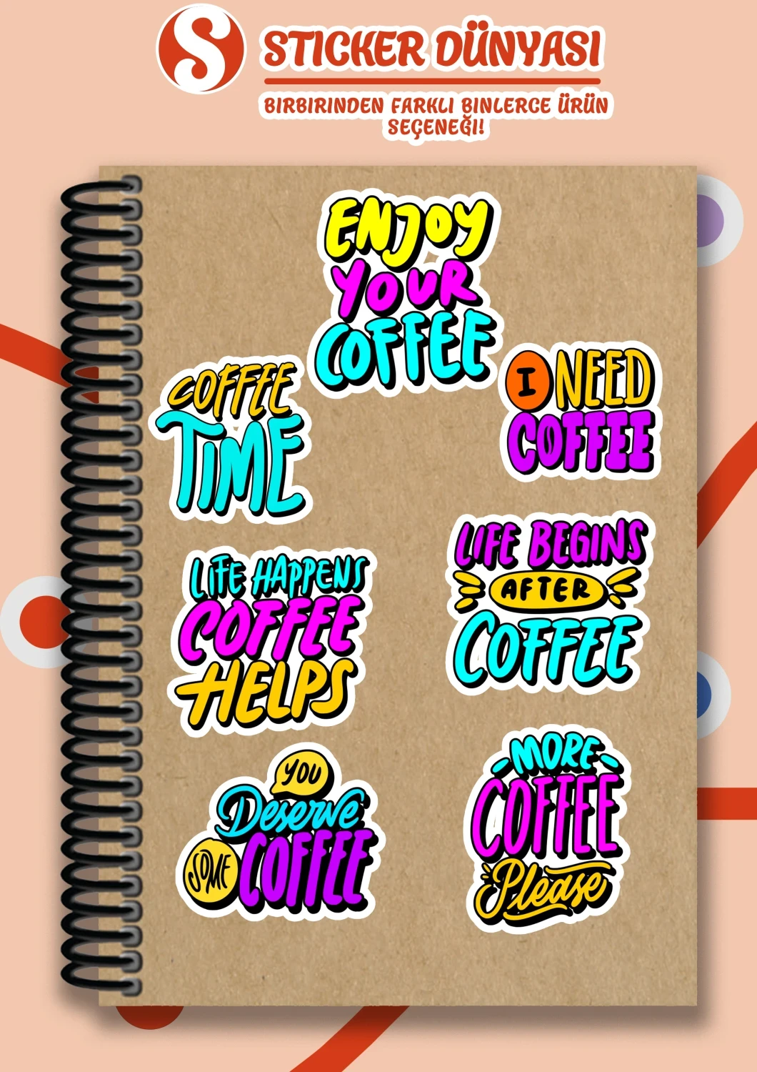 İngilizce Kahve Yazılı Neon Parlak Sticker Koleksiyonu (Coffee2)