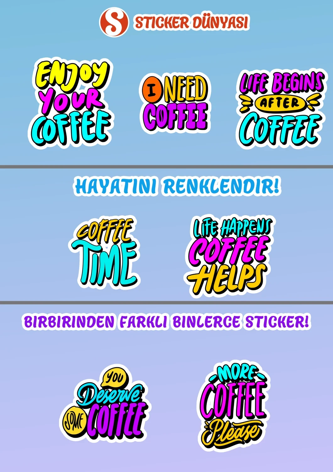 İngilizce Kahve Yazılı Neon Parlak Sticker Koleksiyonu (Coffee2) görsel 2