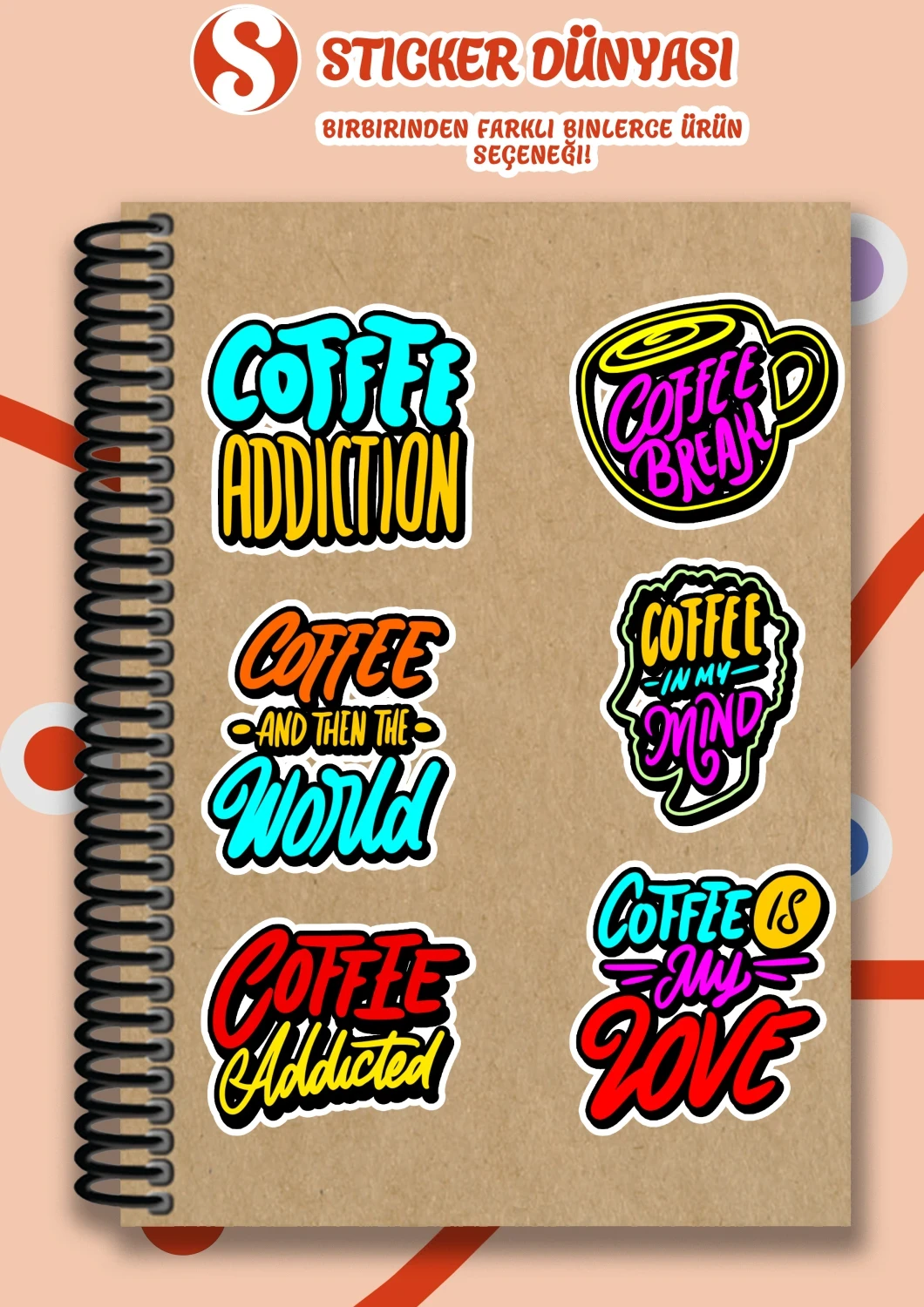 İngilizce Kahve Yazılı Neon Parlak Sticker Koleksiyonu (Coffee1)