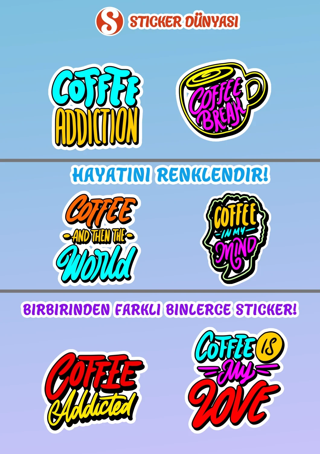 İngilizce Kahve Yazılı Neon Parlak Sticker Koleksiyonu (Coffee1) görsel 2