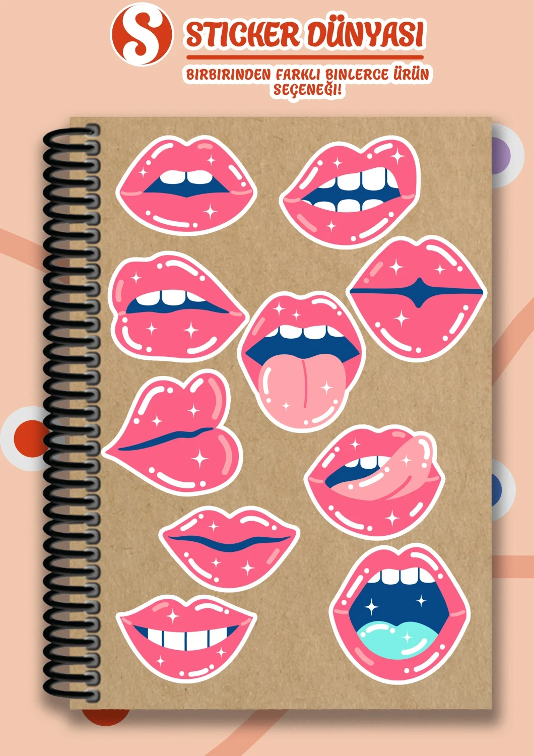 Parlak Kaliteli Pembe Dudak Tasarımı Sticker Koleksiyonu (Pembe-Dudak2)