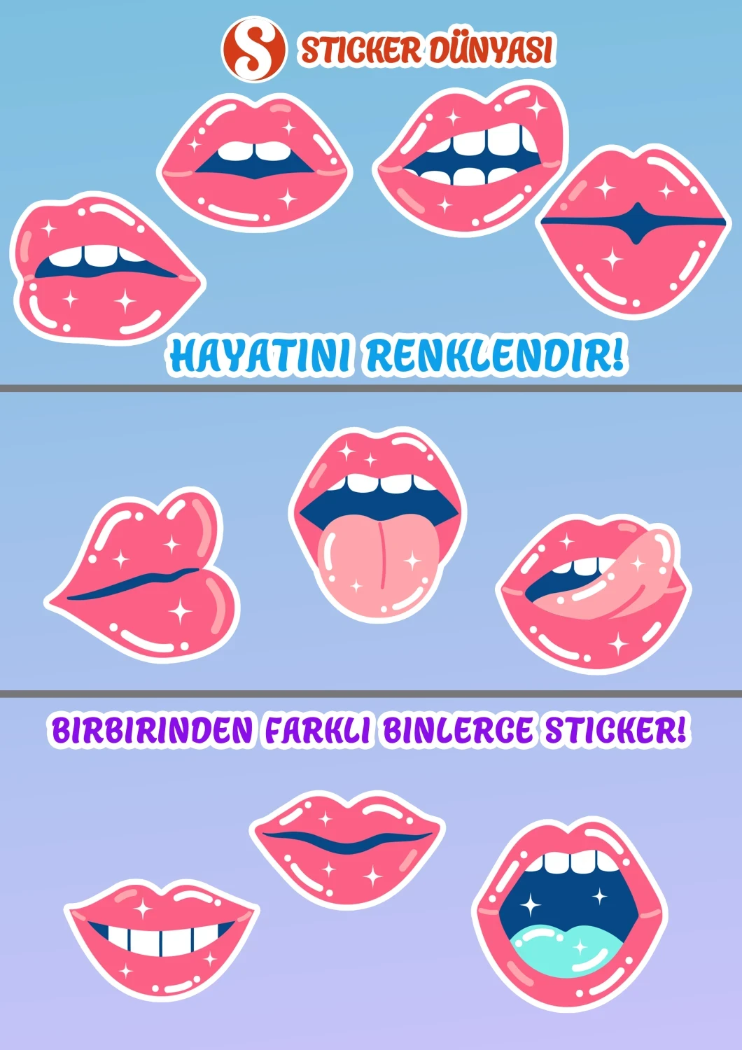 Parlak Kaliteli Pembe Dudak Tasarımı Sticker Koleksiyonu (Pembe-Dudak2) görsel 2