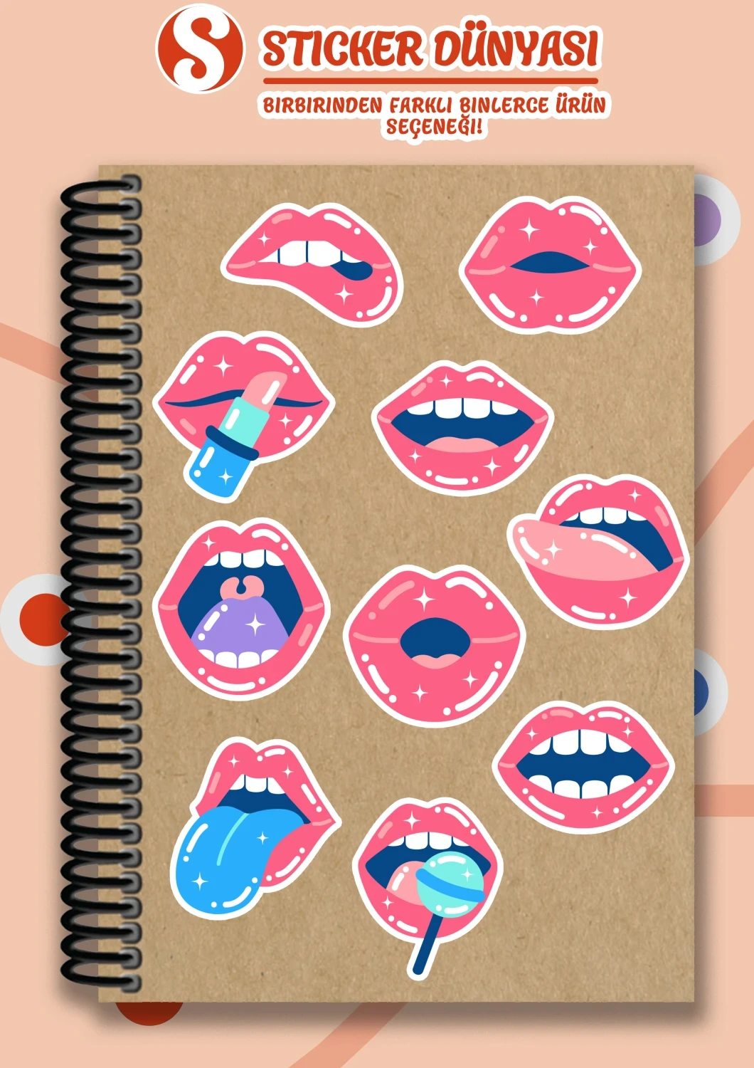 Parlak Pembe Dudak Tasarımı Sticker Koleksiyonu (Pembe-Dudak1)
