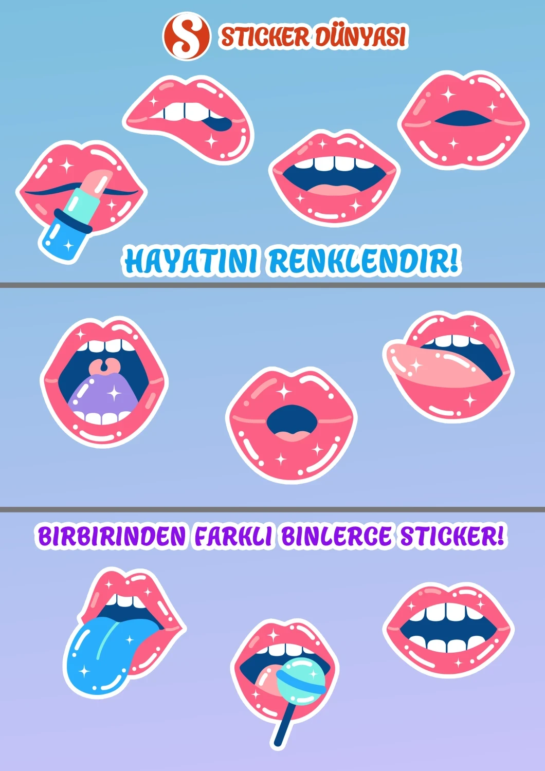 Parlak Pembe Dudak Tasarımı Sticker Koleksiyonu (Pembe-Dudak1) görsel 2
