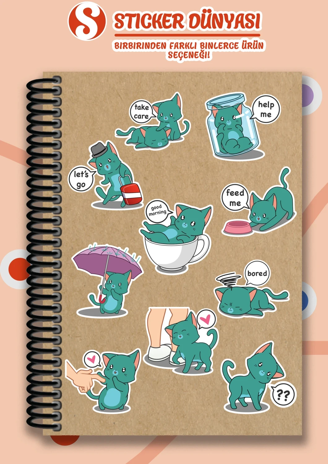 Sevimli Kedi Temalı Sticker Koleksiyonu (Yeşil-Kedi2)