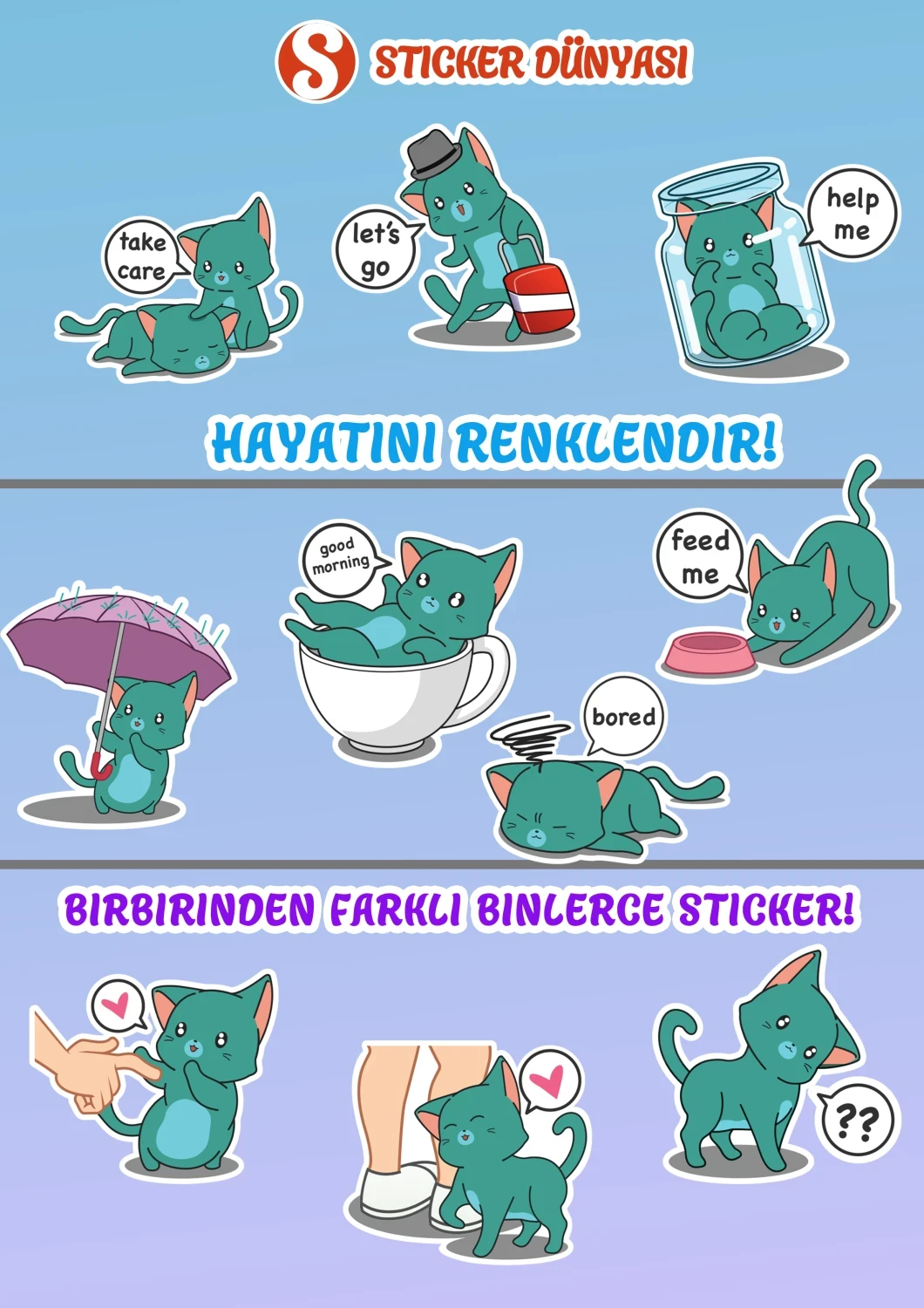 Sevimli Kedi Temalı Sticker Koleksiyonu (Yeşil-Kedi2) görsel 2