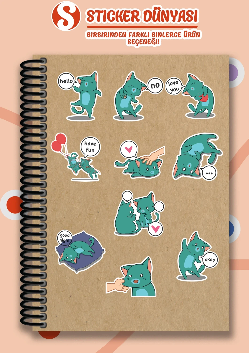 Sevimli Kedi Temalı Sticker Koleksiyonu (Yeşil-Kedi1)