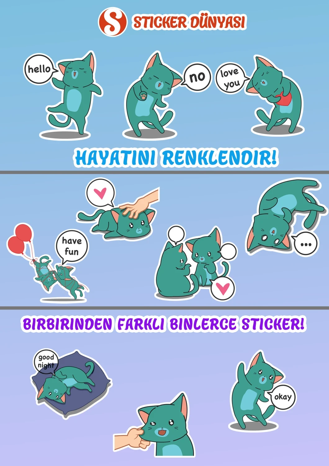 Sevimli Kedi Temalı Sticker Koleksiyonu (Yeşil-Kedi1) görsel 2
