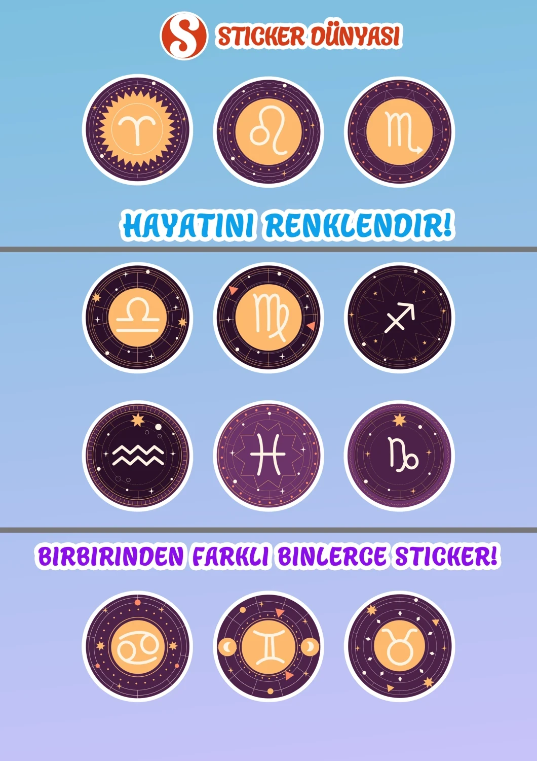Yuvarlak Astroloji ve Burç Desenli Yaratıcı Sticker Koleksiyonu (Burçlar2) görsel 2