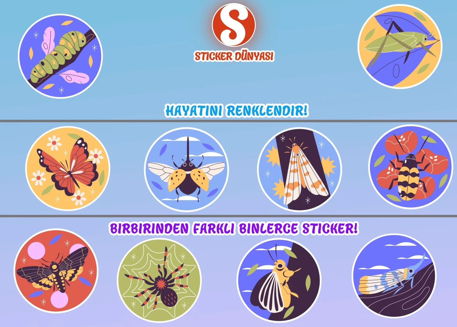 Böcek Türleri Temalı Sticker Koleksiyonu (Böcek1) görsel 2