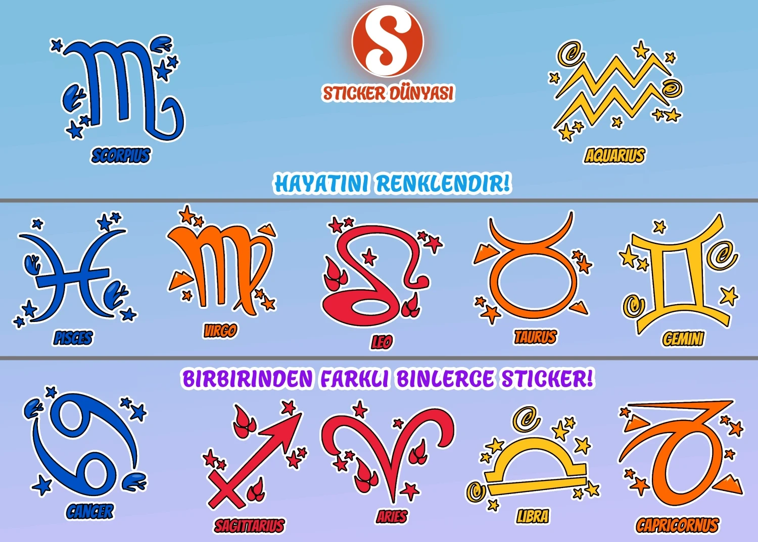 Burçlar Temalı Renkli Sticker Kalıbı (Renkli-Burçlar1) görsel 2