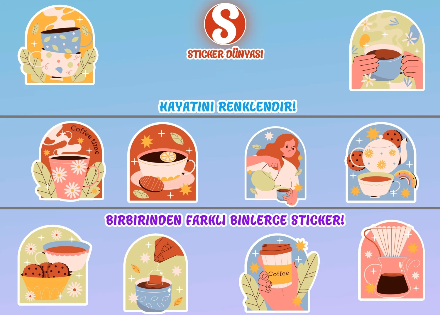 Çay ve Kahve Zamanı Retro Soft Temalı Sticker Koleksiyonu (Çay2) görsel 2