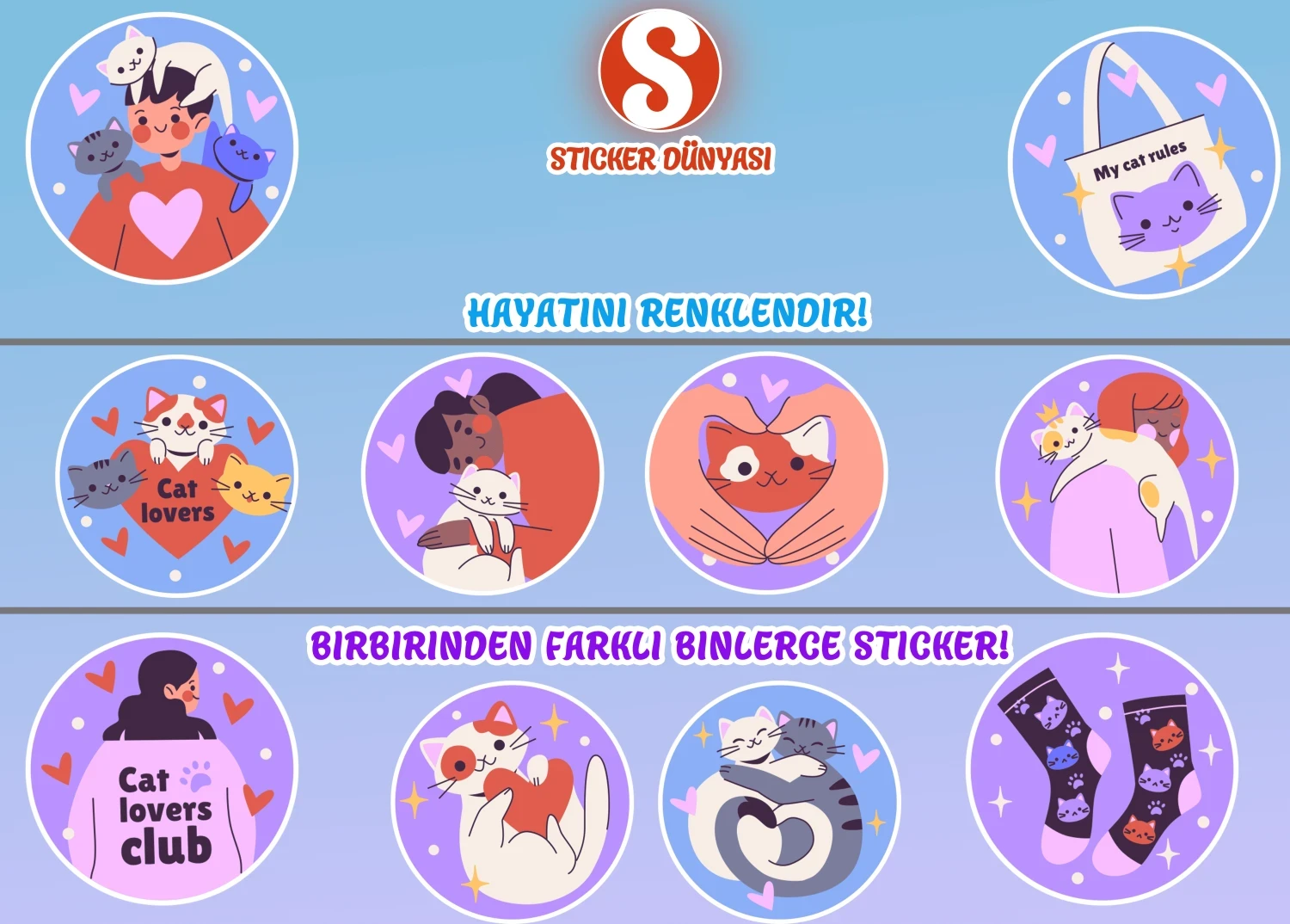 Kedi Sevgisi Temalı Sticker Koleksiyonu (Kedi-Sevgisi1) görsel 2