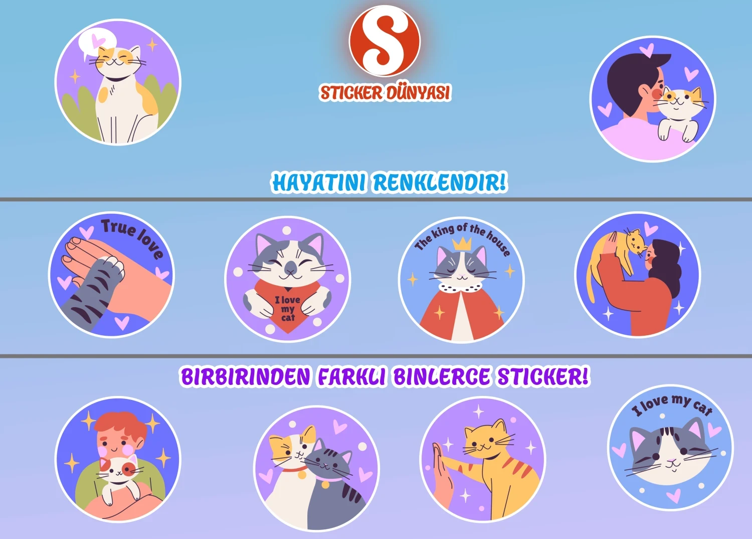 Kedi Sevgisi Temalı Sticker Koleksiyonu (Kedi-Sevgisi2) görsel 2
