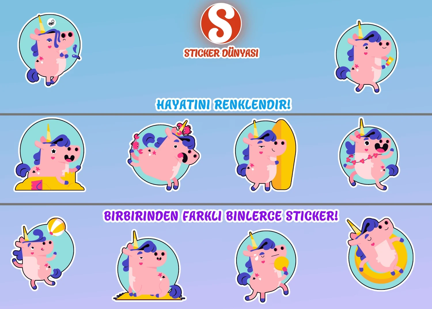 Sevimli Pembe Unicorn Temalı Sticker Koleksiyonu (Unicorn1) görsel 2