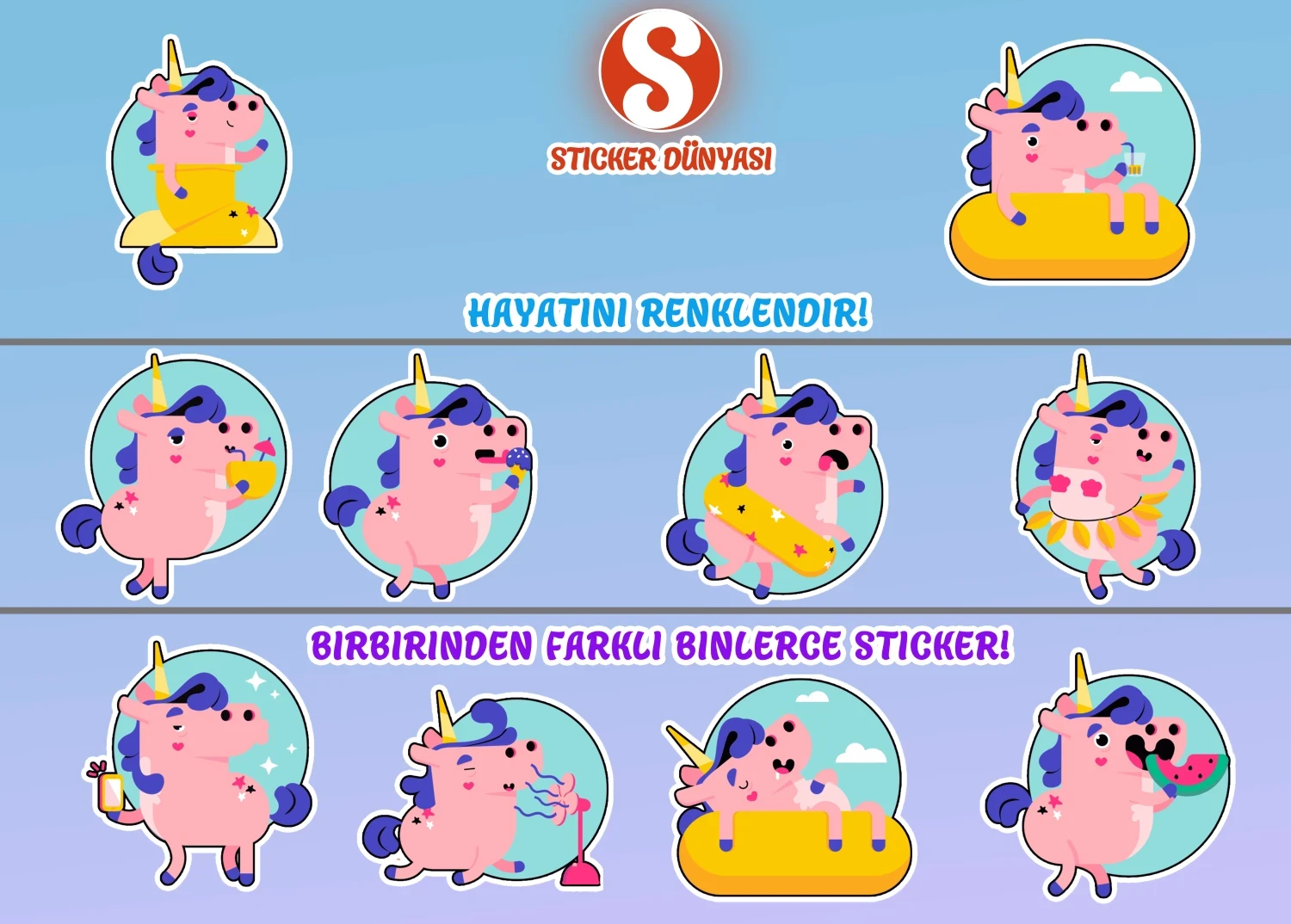 Tatlı Minik Unicorn Temalı Sticker Koleksiyonu (Unicorn2) görsel 2