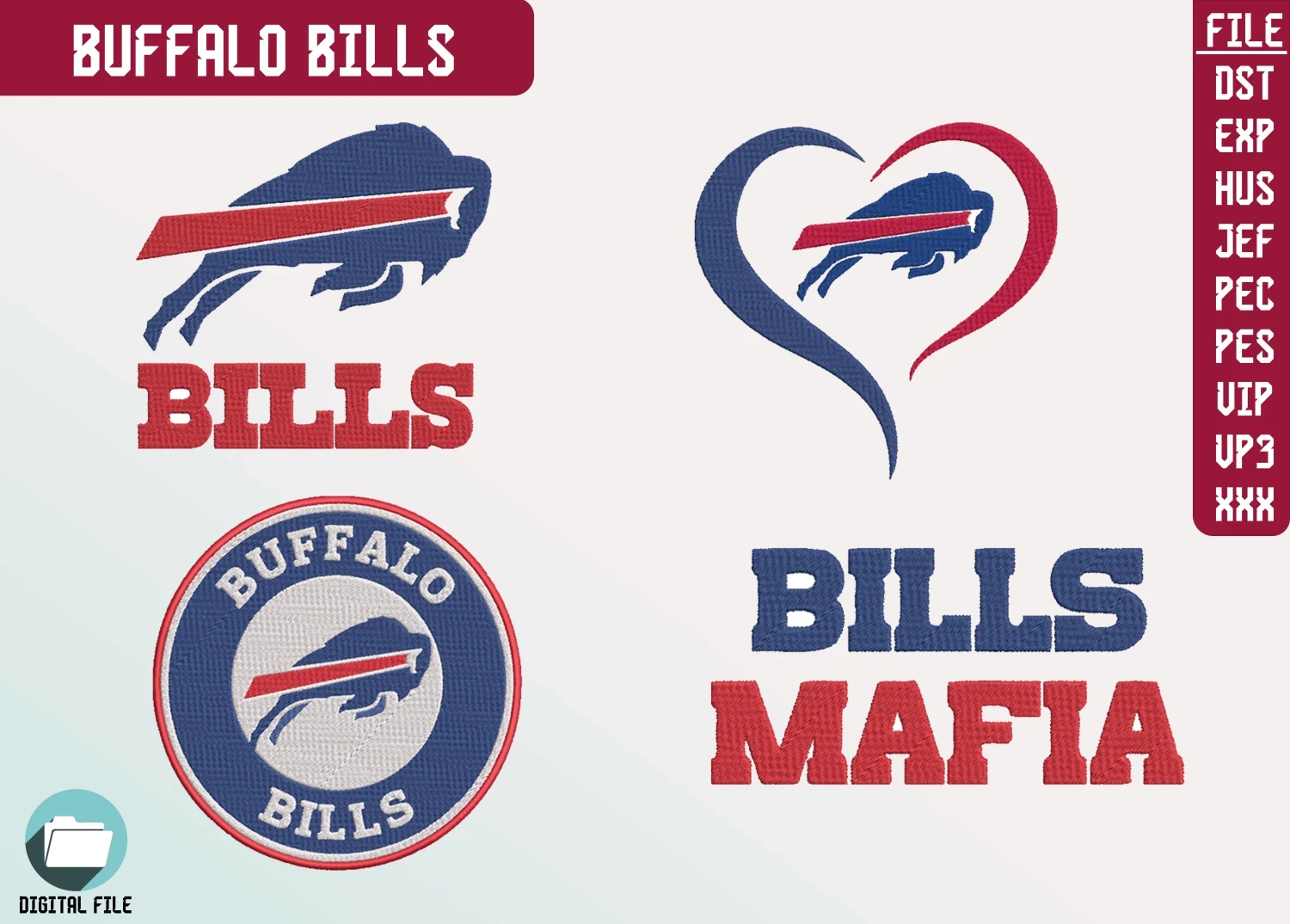 Buffalo Bills, 4 Farklı Nakış Paketi, NFL Nakış, Dijital Dosya