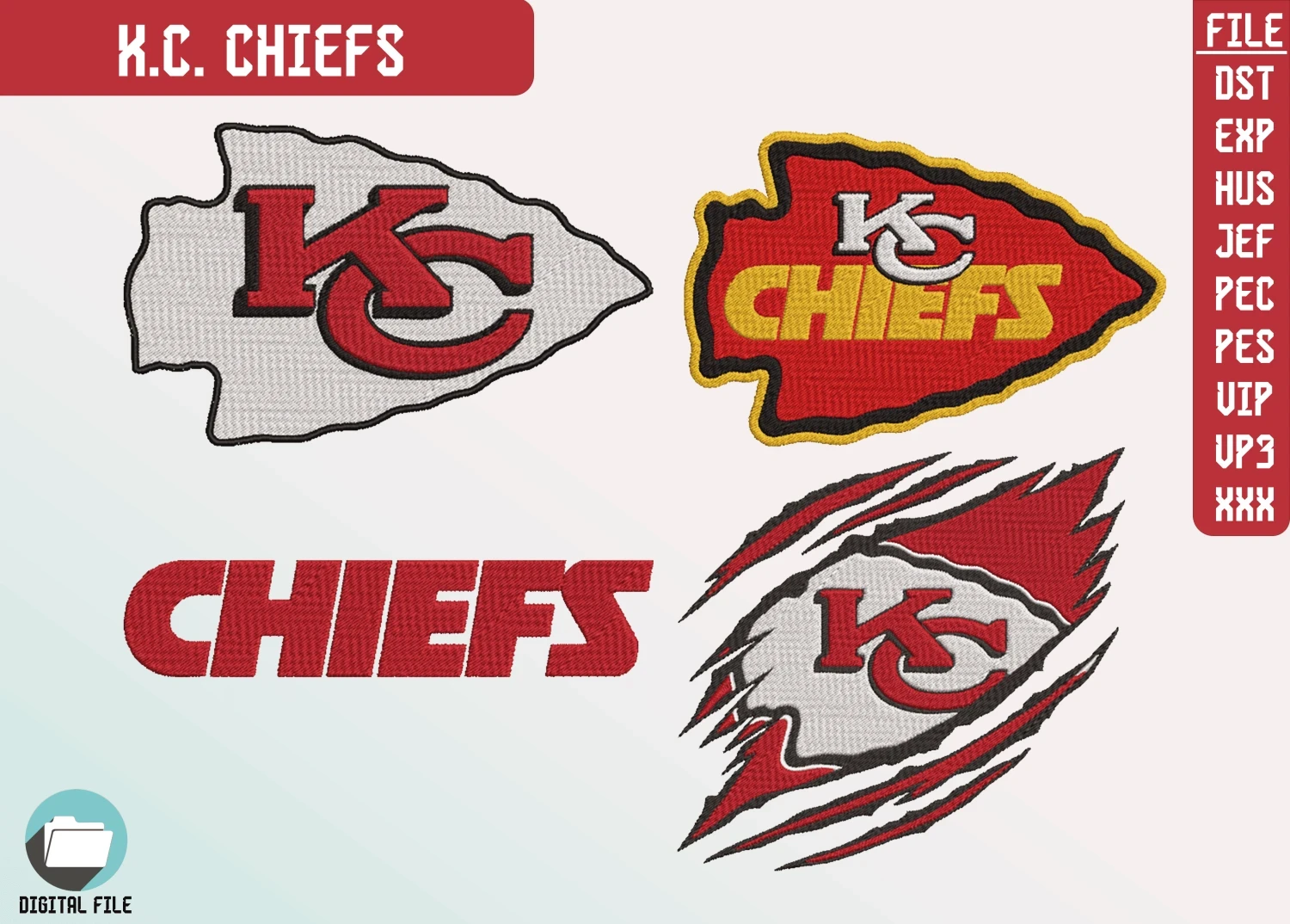 Kansas City Chiefs, 4 Farklı Nakış Paketi, NFL Nakış, Dijital Dosya