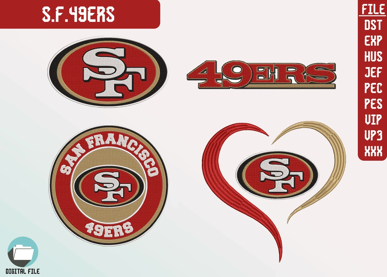 San Francisco 49 ERS, 4 Farklı Nakış Paketi, NFL Nakış, Dijital Dosya