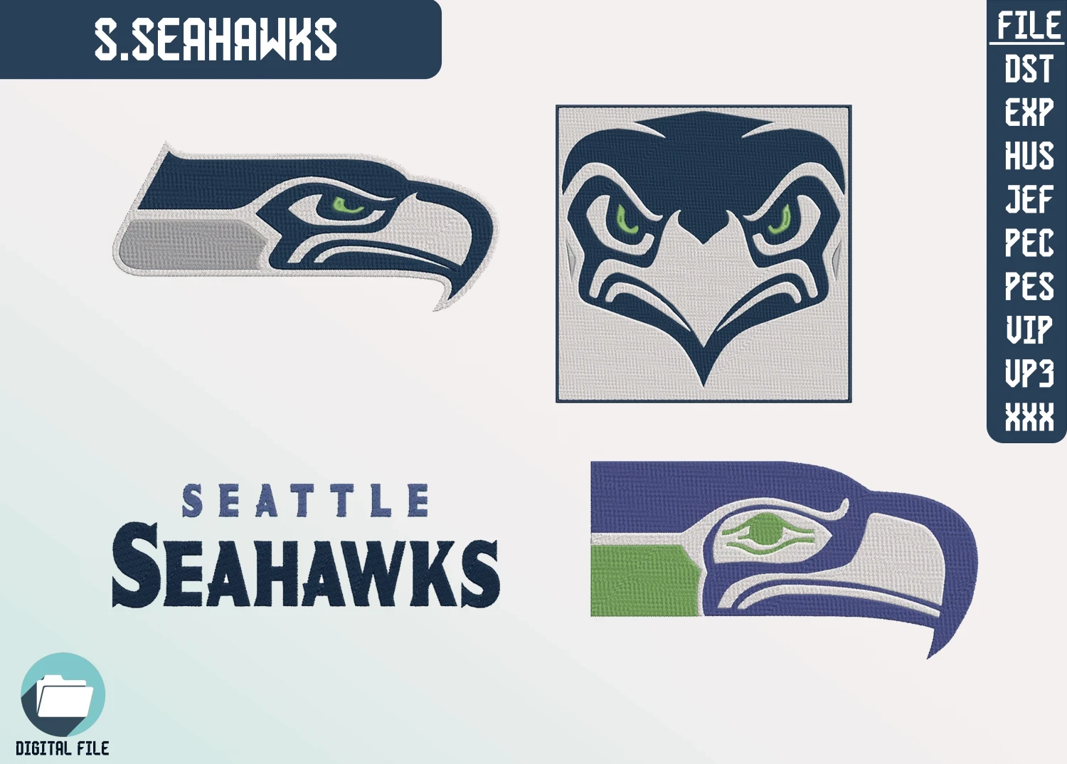 Seattle Seahawks, 4 Farklı Nakış Paketi, NFL Nakış, Dijital Dosya