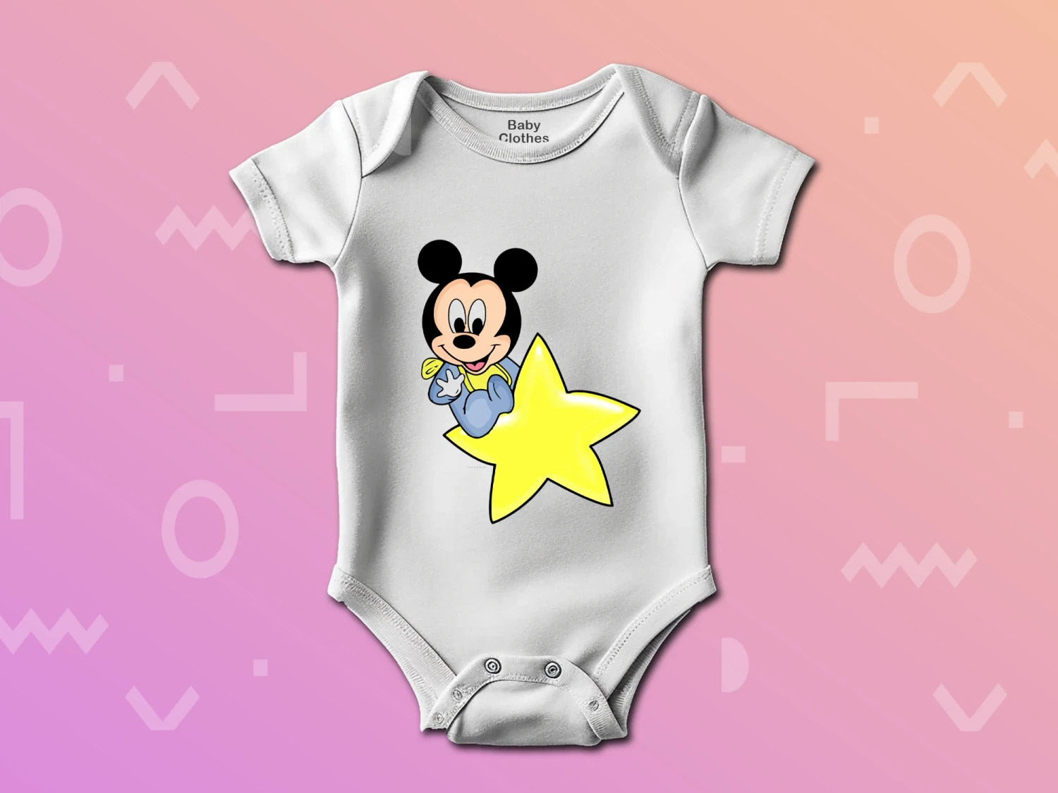 Sevimli Mickey Mouse ve Yıldız Baskılı Çıtçıtlı Zıbın, %100 Pamuk, Bebek Zıbını