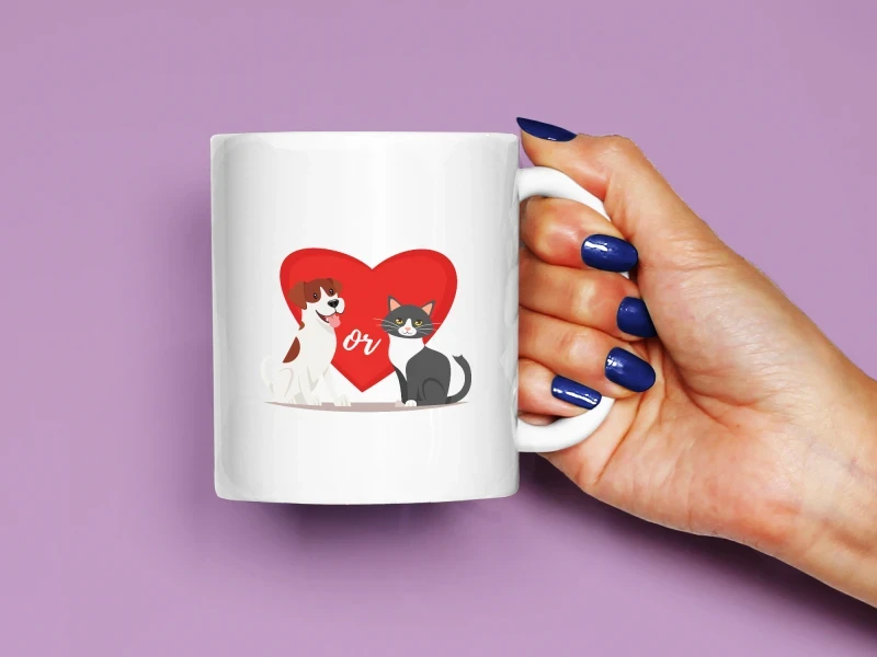 Kedi ve Köpek Kalp Baskılı Kupa, Kaliteli Baskı, Hediyelik Kupa, CupWorld
